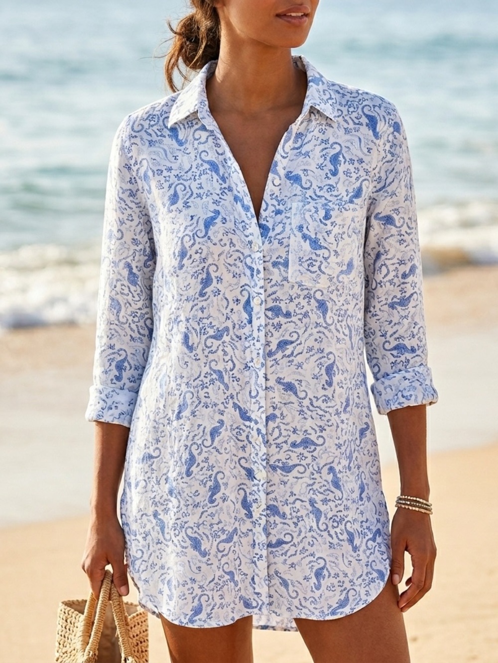 Sigrid Olsen Linen Seahorse Print Tunic Top size S